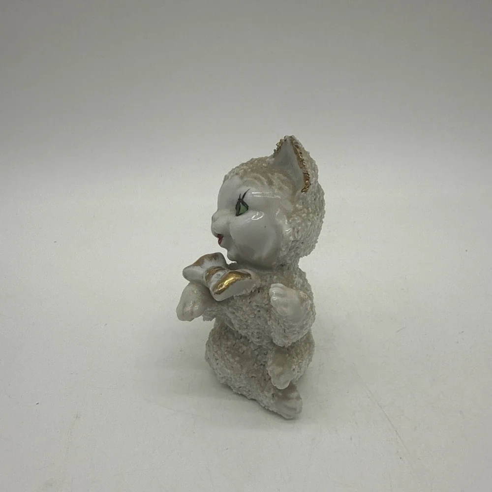 Spaghetti Sugar Texture White Cat Kitten Figurine Gold Bow Kitschy Vintage Japan